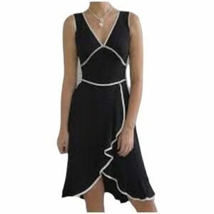 Vintage AGB Byer California Black White Piping Ruffle High Low Midi Dress sz 10